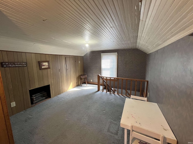 bonus room featuring carpet floors, wood ceiling, and vaulted ceiling