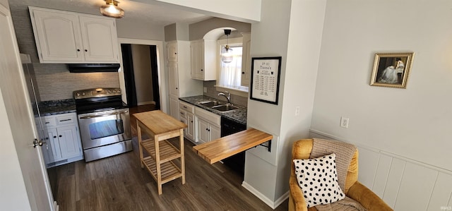 kitchen with ventilation hood, dark wood finished floors, electric stove, white cabinetry, and a sink