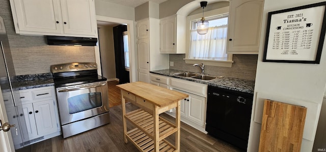 kitchen with range hood, stainless steel electric stove, dark wood-style flooring, a sink, and black dishwasher