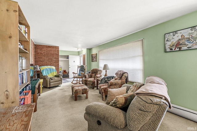 carpeted living room featuring a baseboard heating unit