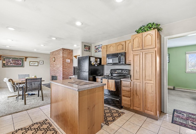 kitchen featuring light brown cabinets, a center island, light colored carpet, light tile patterned floors, and black appliances