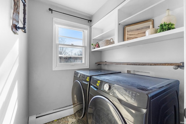 laundry room featuring baseboard heating, laundry area, and washer and clothes dryer