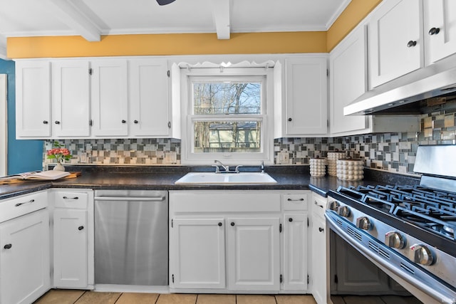 kitchen with a sink, white cabinetry, and stainless steel appliances