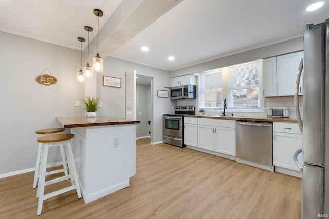 kitchen with a sink, backsplash, light wood-style floors, appliances with stainless steel finishes, and a peninsula