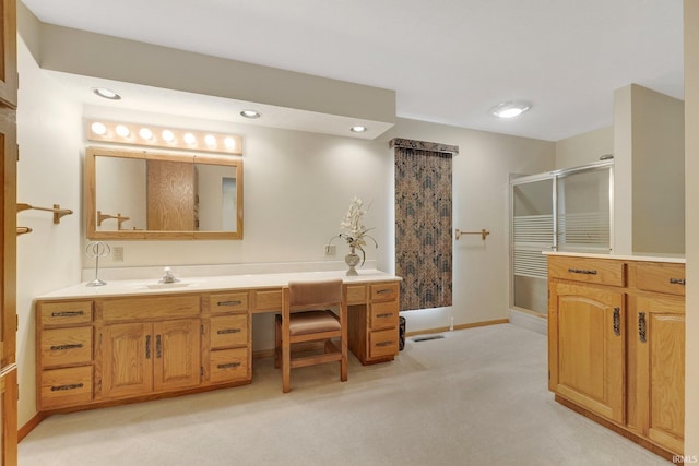 full bath with visible vents, baseboards, recessed lighting, a stall shower, and vanity