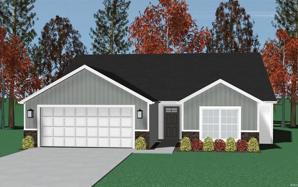 view of front facade featuring an attached garage, stone siding, and driveway