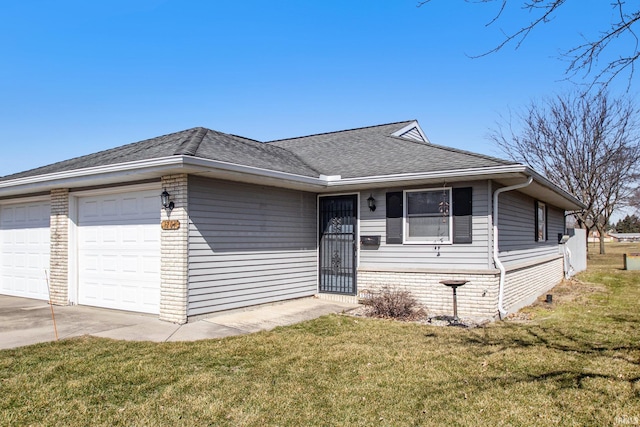 ranch-style house featuring brick siding, a front yard, roof with shingles, driveway, and an attached garage