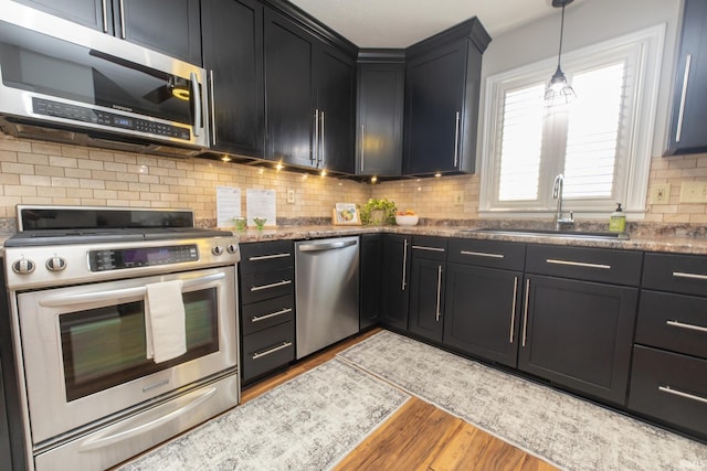 kitchen with a sink, backsplash, wood finished floors, appliances with stainless steel finishes, and dark cabinets