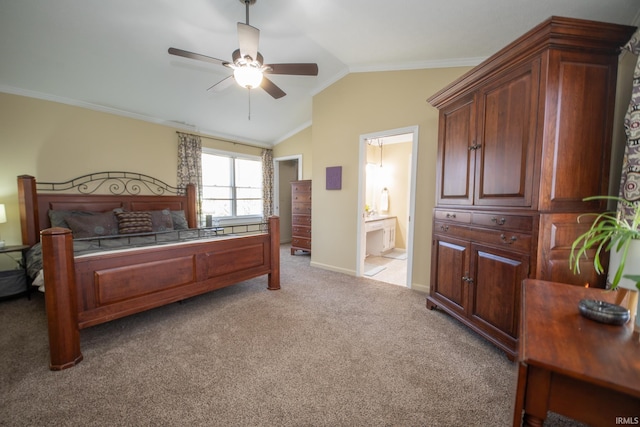 bedroom featuring vaulted ceiling, connected bathroom, light colored carpet, and ornamental molding