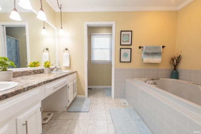 bathroom with tile patterned floors, ornamental molding, double vanity, and a sink