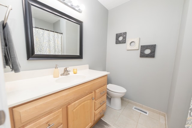 full bathroom with tile patterned flooring, visible vents, toilet, and vanity