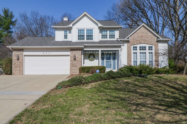 traditional-style house featuring a front lawn, concrete driveway, brick siding, and a shingled roof