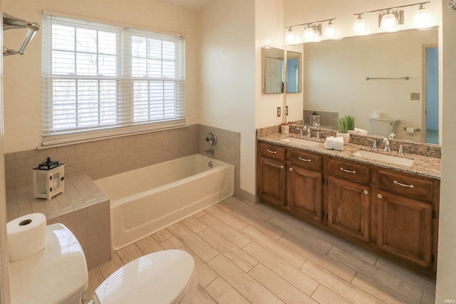 bathroom with a garden tub, plenty of natural light, and a sink