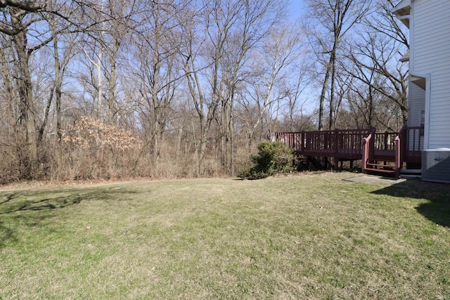 view of yard featuring central air condition unit and a deck