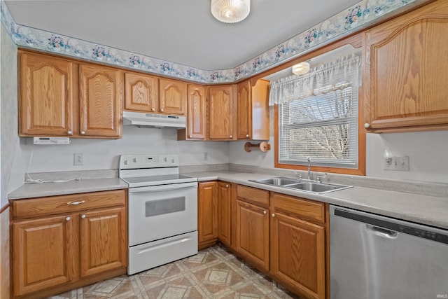 kitchen with a sink, light countertops, electric stove, under cabinet range hood, and dishwasher