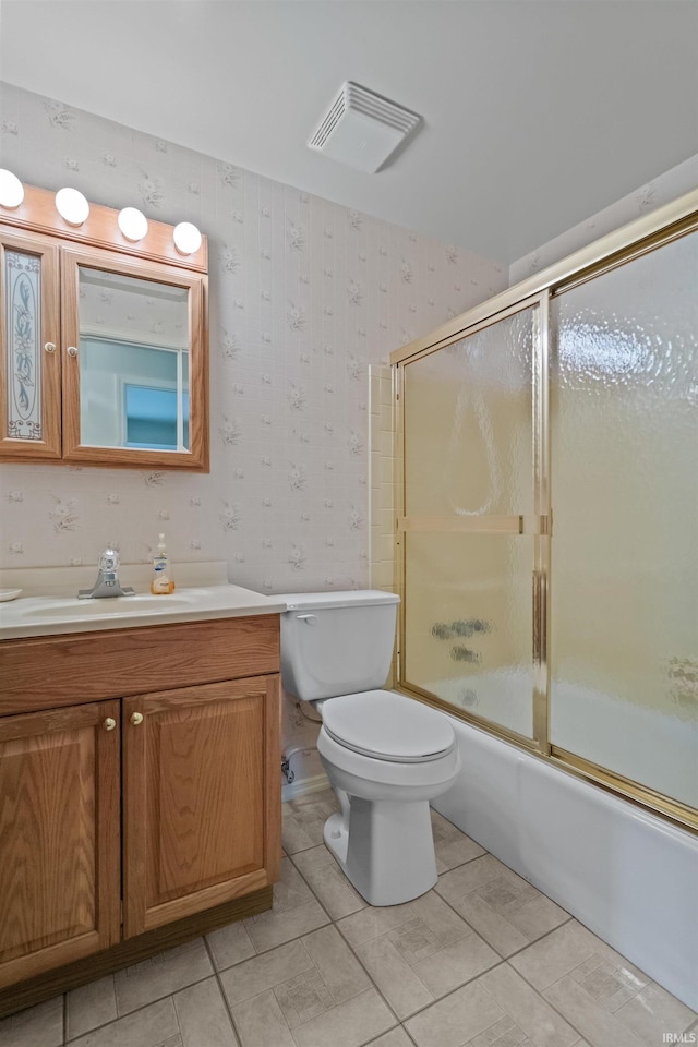 full bath with vanity, visible vents, shower / bath combination with glass door, wallpapered walls, and toilet