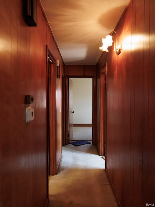 hall with light colored carpet and wood walls