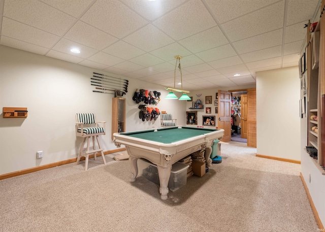 playroom with billiards, recessed lighting, light colored carpet, and baseboards