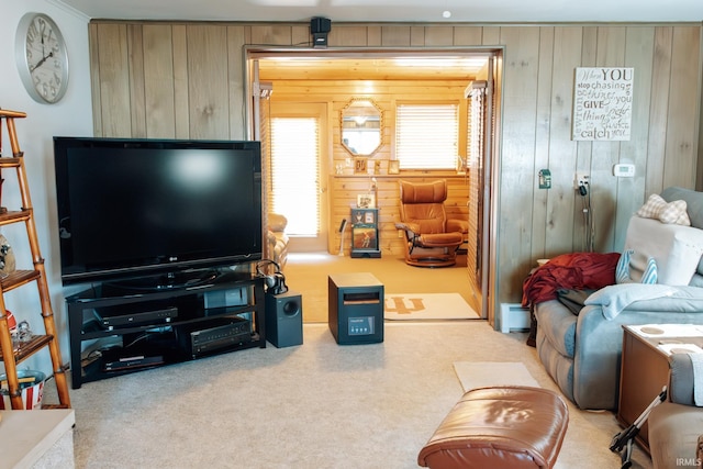 living area with baseboard heating, wooden walls, and carpet floors