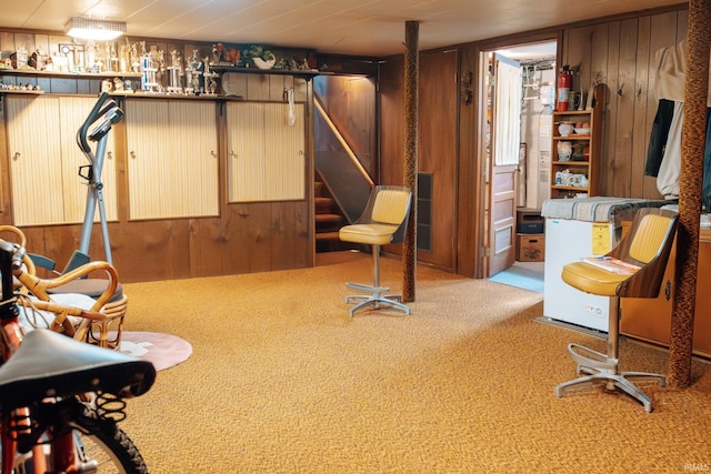 interior space featuring wood walls, stairs, and carpet