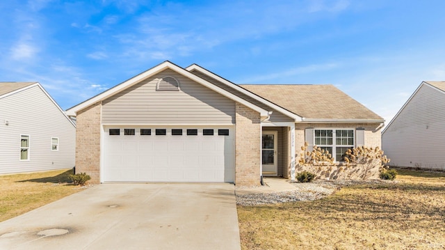 view of front facade with brick siding, driveway, an attached garage, and a shingled roof