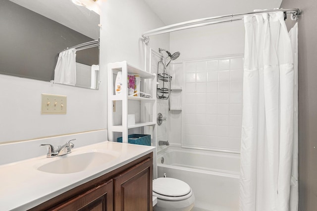 full bath featuring vanity, toilet, and shower / tub combo with curtain