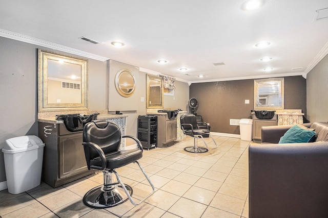 living area with light tile patterned floors, visible vents, baseboards, and crown molding