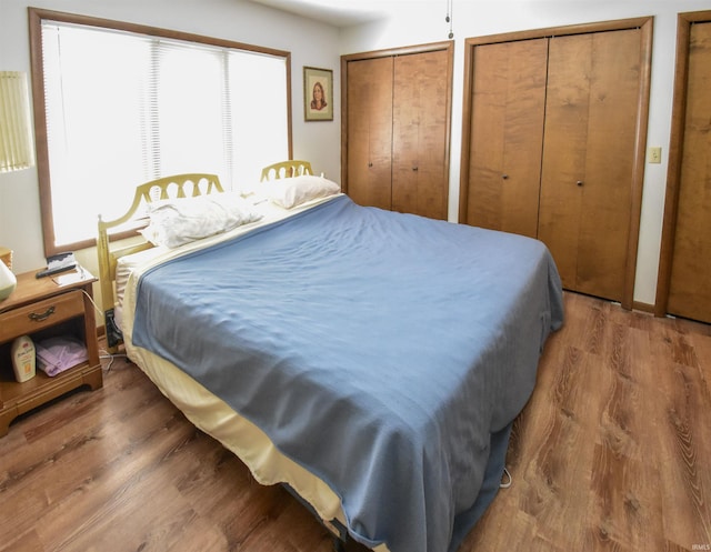 bedroom featuring multiple closets and wood finished floors