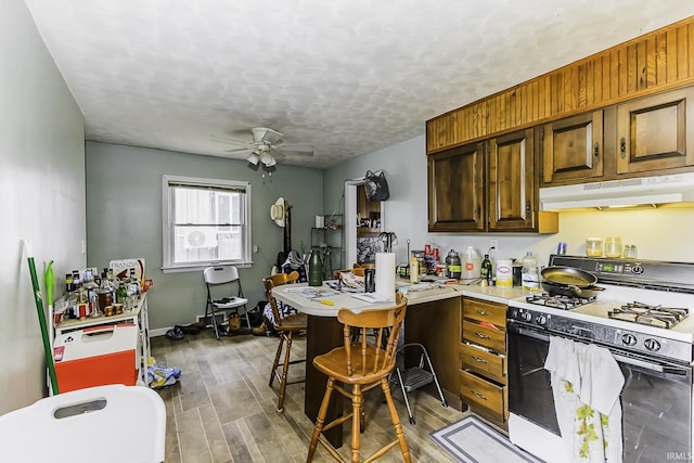 kitchen with light wood finished floors, under cabinet range hood, gas range, a peninsula, and a ceiling fan