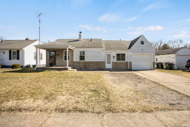 single story home featuring roof with shingles, an attached garage, a chimney, concrete driveway, and a front lawn