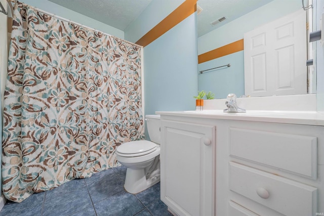 full bathroom with vanity, visible vents, tile patterned flooring, a textured ceiling, and toilet