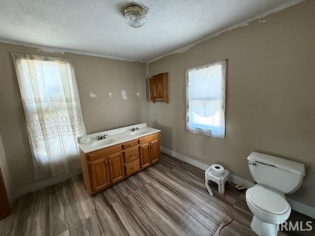 bathroom featuring a sink, wood finished floors, toilet, and a wealth of natural light