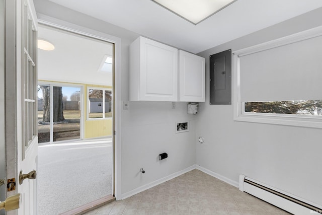 clothes washing area with washer hookup, electric panel, hookup for a gas dryer, cabinet space, and baseboard heating