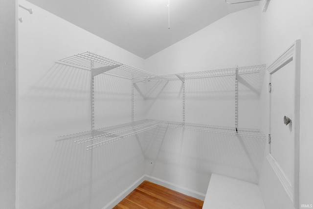 spacious closet featuring wood finished floors and vaulted ceiling