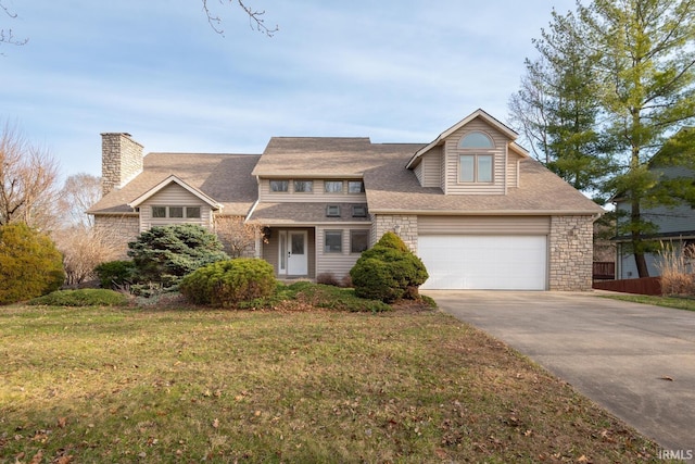 view of front of home with a garage, stone siding, driveway, and a chimney