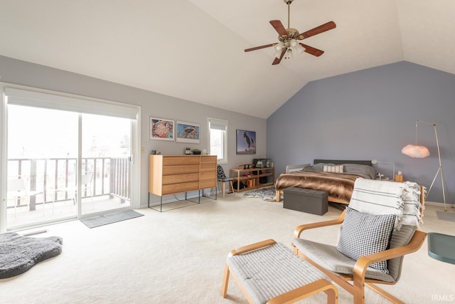 carpeted bedroom featuring lofted ceiling, access to exterior, and a ceiling fan