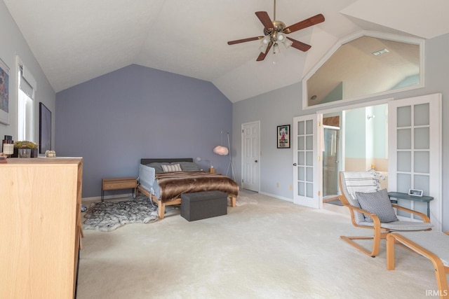 carpeted bedroom with french doors, baseboards, a ceiling fan, and vaulted ceiling