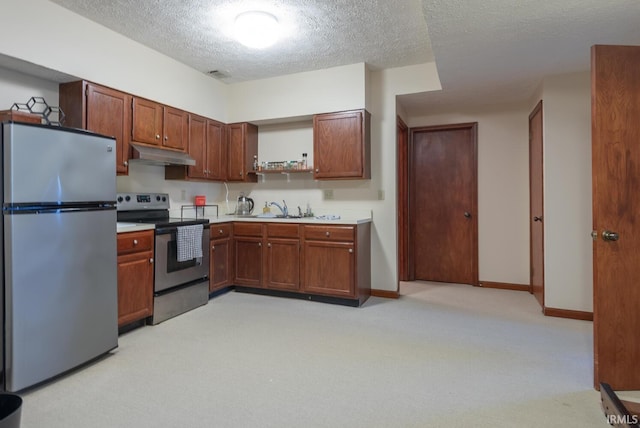 kitchen with under cabinet range hood, open shelves, a sink, appliances with stainless steel finishes, and light countertops