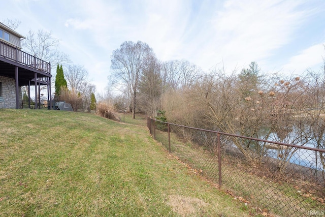 view of yard with a deck and fence