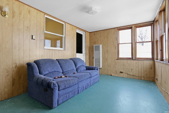 living area featuring wooden walls and finished concrete floors