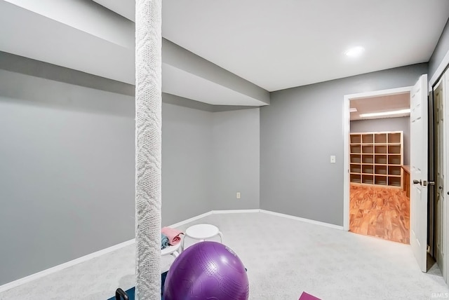 exercise area with baseboards and carpet floors