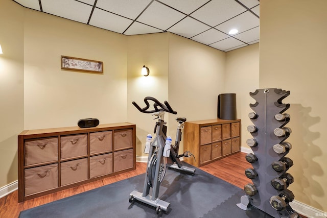 workout room with wood finished floors, baseboards, and a drop ceiling