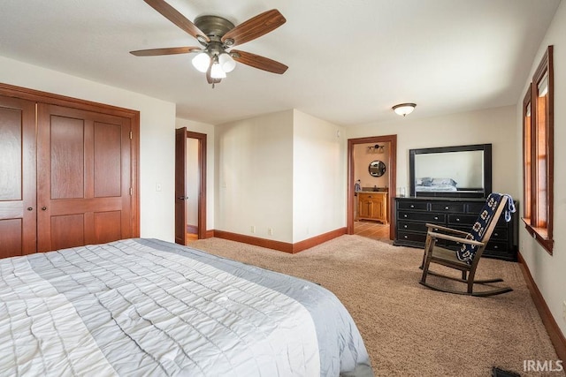 bedroom featuring carpet flooring, baseboards, and ceiling fan