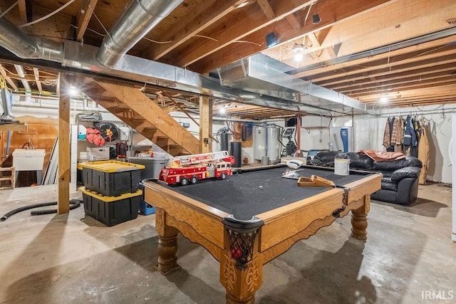 game room with billiards, unfinished concrete floors, and a sink