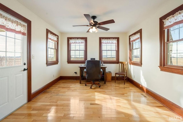 office space featuring visible vents, baseboards, a ceiling fan, and light wood finished floors