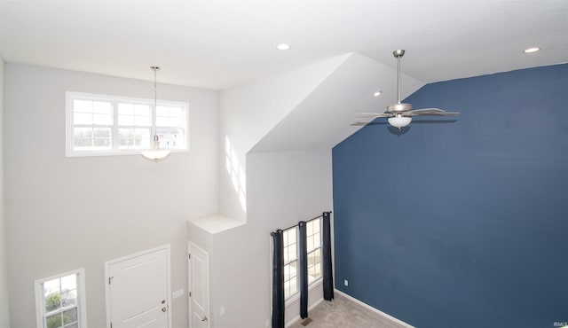 803 Knights Xing, Kendallville, IN 46755 - interior space featuring baseboards, light colored carpet, lofted ceiling, recessed lighting, and a ceiling fan