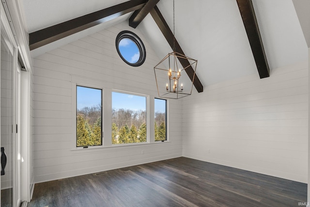 interior space with dark wood-style floors, beamed ceiling, wood walls, and a chandelier