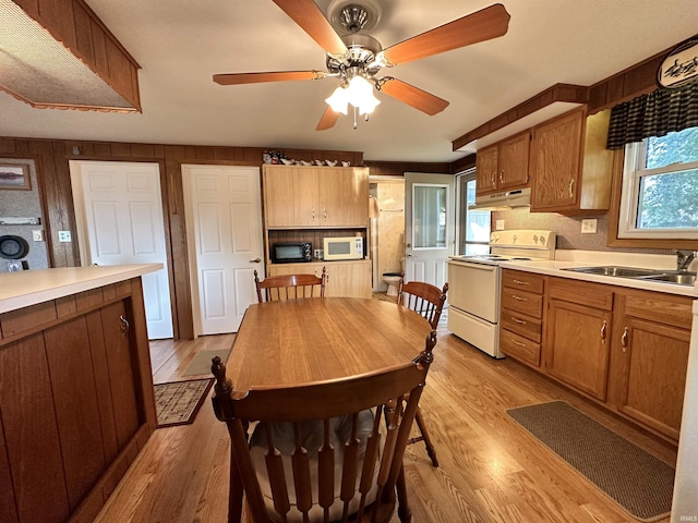 kitchen featuring under cabinet range hood, light wood finished floors, white appliances, and a sink