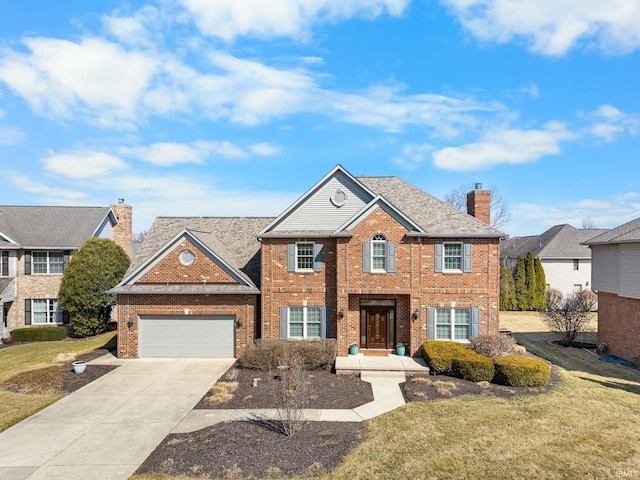 view of front of home featuring a front lawn, concrete driveway, an attached garage, brick siding, and a chimney