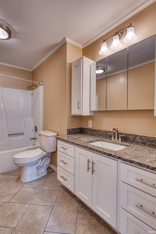 bathroom featuring tile patterned flooring, crown molding, toilet, bathtub / shower combination, and vanity